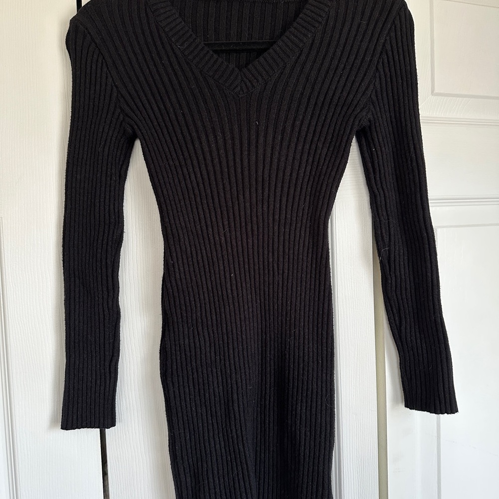 Short Black Ribbed Knit Dress
